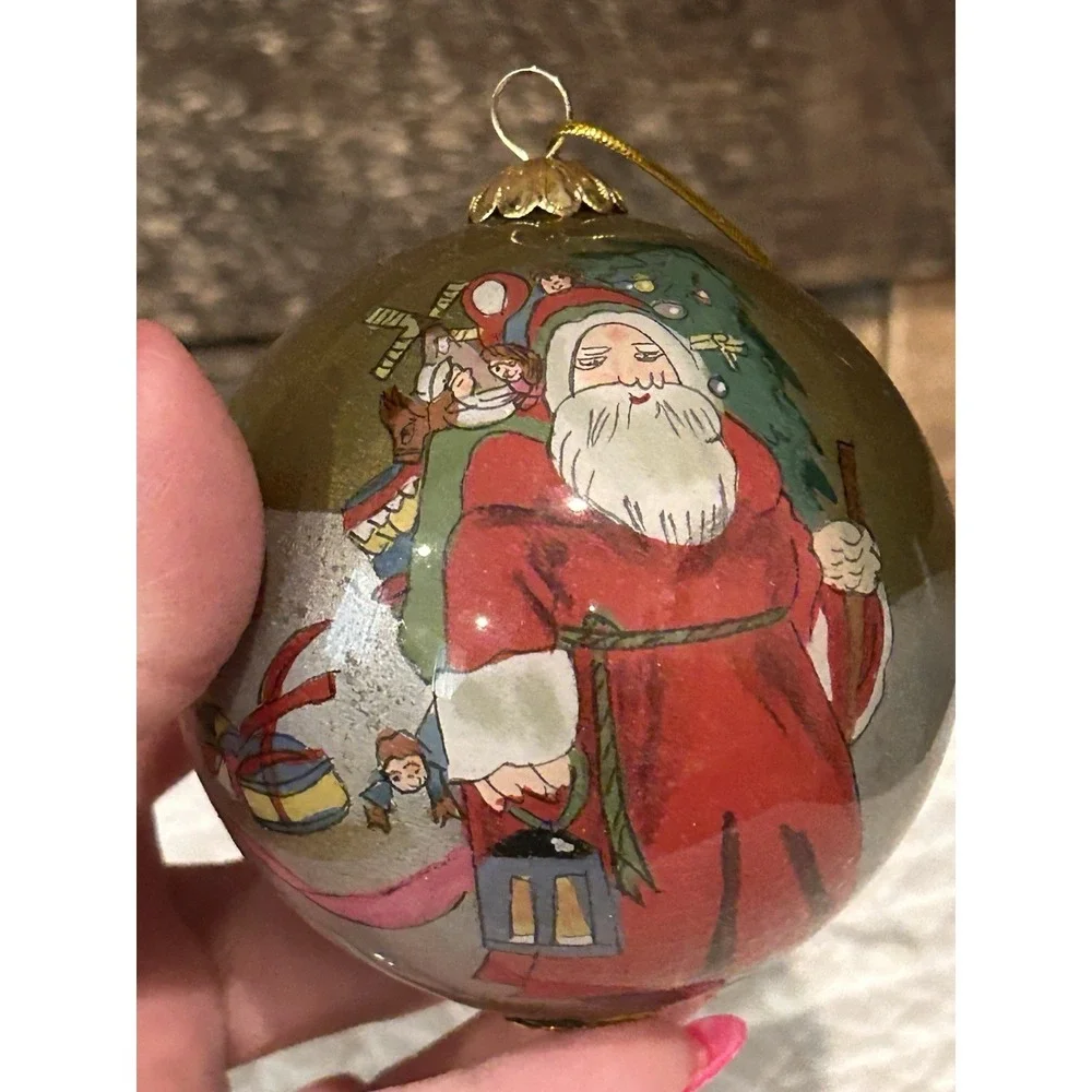 Li Bien vintage Santa W Children Glass Ornament Hand‎ Painted Inside 1998